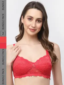 Docare Pack Of 2 Non-Padded Non Wired Lace Half Coverage Cotton Bralette Bra