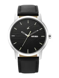 Fastrack Men Textured Round Dial & Leather Straps Analogue Watch- 3295SL01