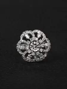 Clara 925 Sterling Silver Rhodium Plated CZ Stone -Studded Adjustable Cocktail Finger Ring