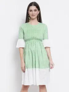 WESTCLO White Colourblocked Bell Sleeve Fit & Flare Dress