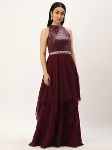 Ethnovog Embellished Sequinned Georgette Maxi Dress with Belt