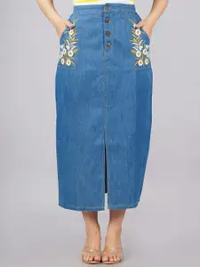 SUMAVI-FASHION Embroidered Denim Midi Skirt