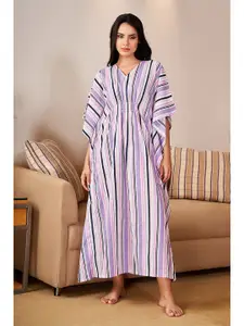 SANSKRUTIHOMES Striped Pure Cotton Maxi Kaftan Nightdress