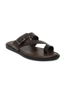 BEAVER Men Open One Toe Textured Leather Comfort Sandals With Buckle Detail