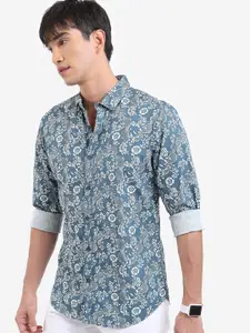 HIGHLANDER Teal Blue & White Ethnic Motifs Printed Slim Fit Cotton Casual Shirt