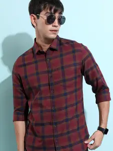 HIGHLANDER Burgundy Slim Fit Windowpane Checked Casual Shirt