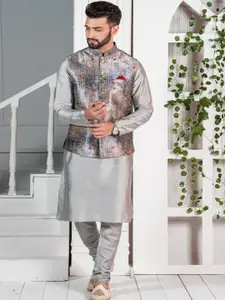 KISAH Mandarin Collar Long Sleeves Kurta & Churidar With Printed Nehru Jacket