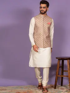 KISAH Men Mandarin Collar Kurta With Churidar & Nehru Jacket Set