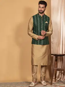 KISAH Mandarin Collar Regular Straight Kurta With Churidar & Nehru Jacket