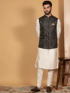 KISAH Men Mandarin Collar Straight Kurta With Churidar & Bandhani Print Nehru Jacket Set