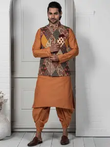KISAH Mandarin Collar Kurta with Dhoti Pants with Printed Nehru Jacket