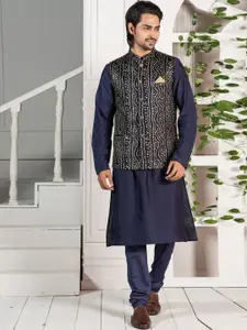 KISAH Men Mandarin Collar Sequinned Kurta & Churidar with Bandhani Print Nehru Jacket Set