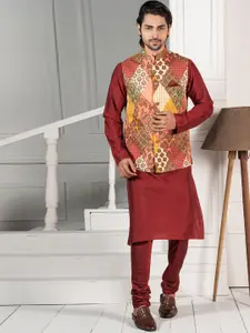 KISAH Mandarin Collar Kurta With Churidar & Nehru Jacket