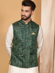 KISAH Mandarin Collar Bandhani Printed Nehru Jacket
