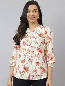 Latin Quarters Floral Printed Mandarin Collar Shirt Style Top