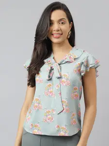 Latin Quarters Floral Printed Tie-Up Neck Flutter Sleeve Casual Top