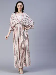 FASHOR Chevron Printed Flared Sleeves Embroidered Maxi Dress