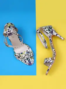 Misto Floral Printed Open Toe Stiletto Heels With Ankle Loop