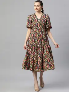 plusS Ethnic Motifs Print Puff Sleeve Fit & Flare Midi Dress