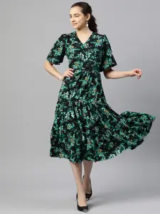 plusS Floral Print Puff Sleeve Fit & Flare Midi Dress