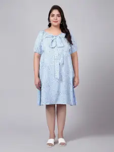 Indietoga Plus Size Blue Floral A-Line Smocked Midi Dress