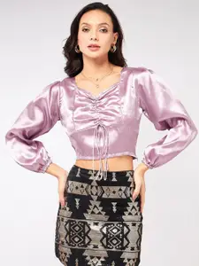 Zima Leto Sweetheart Neck Long Puff Sleeves Ruched Satin Crop Top