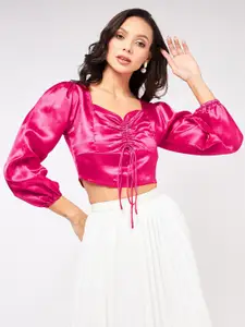 Zima Leto Sweetheart Neck Puff Sleeves Blouson Ruched Crop Top
