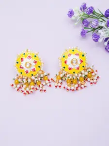 Golden Peacock Gold-Plated Stone-Studded & Beaded Enamelled Circular Drop Earrings