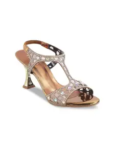 Metro Embellished Open Toe Block Heels With Backstrap