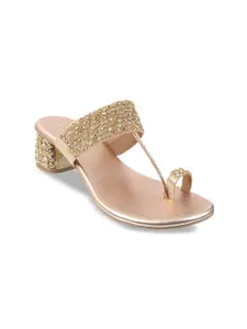 Metro Woven Design Embellished Open One Toe Block Heels