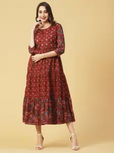 FASHOR Ethnic Motifs Printed Tie Up Neck Embroidered Fit & Flare Cotton Maxi Dress
