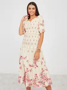 Styli Floral Printed Puff Sleeves Smocked Tiered Fit & Flare Midi Dress