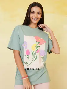 Styli Green Floral Printed Drop-Down Sleeves Cotton Relaxed T-shirt