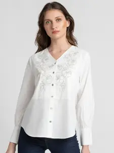 SHAYE Comfort V- Neck Embroidered Pure Cotton Casual Shirt