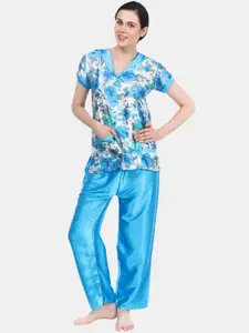 Fasense Floral Printed V Neck Lace Up Detail Satin Night Suit
