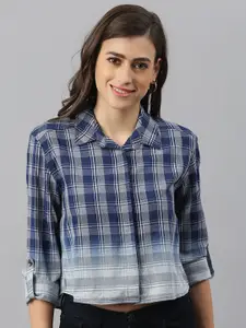 Xpose Checked Spread Collar Comfort Tartan Checks Ombre Pure Cotton Crop Casual Shirt