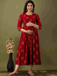 Mialo fashion Ethnic Motifs Printed Fit & Flare Maternity Midi Ethnic Dress