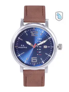 maxima Men Blue Brass Dial & Brown Leather Straps Analogue Watch 56640LMGI
