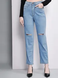 GUTI Women Slim Fit High-Rise Slash Knee Stretchable Light Fade Cotton Jeans