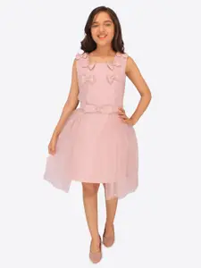 CUTECUMBER Girls Self Design Bow Detail Net Fit & Flare Dress