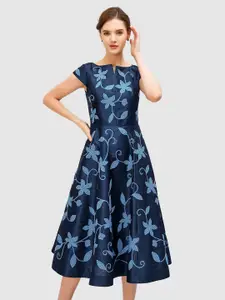 Zapelle Boat Neck Floral Embroidery Midi A-line dress