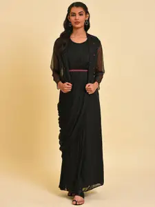 WISHFUL Striped Pleated Fit & Flare Maxi Ethnic Dress With Jacket