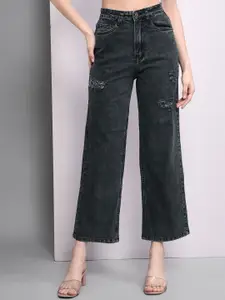 GUTI Women Flared High-Rise Mildly Distressed Light Fade Cropped Stretchable Jeans