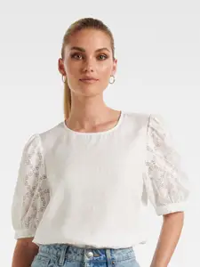 Forever New Self Design Puff Sleeves Linen Lace Top