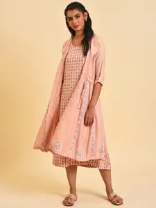 W Round Neck Geometric Printed Fit And Flare Midi Dress