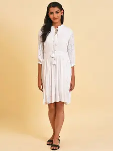 W Self Design Tie-Up Neck Schiffli Fit & Flare Dress