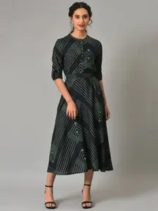 W Mandarin Collar Striped Printed A-line Midi Dress