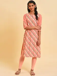 W Ethnic Motif Printed Keyhole Neck Thread Work Pure Cotton Kurta