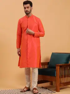 NAMASKAR Ethnic Motifs Woven Design Mandarin Collar Silk Straight Kurta