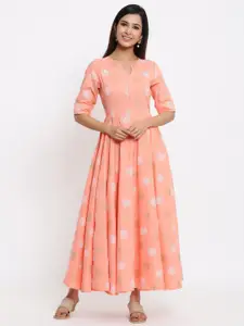 Indian Virasat Round Neck Floral Printed Fit and Flare Cotton Maxi Ethnic Dress